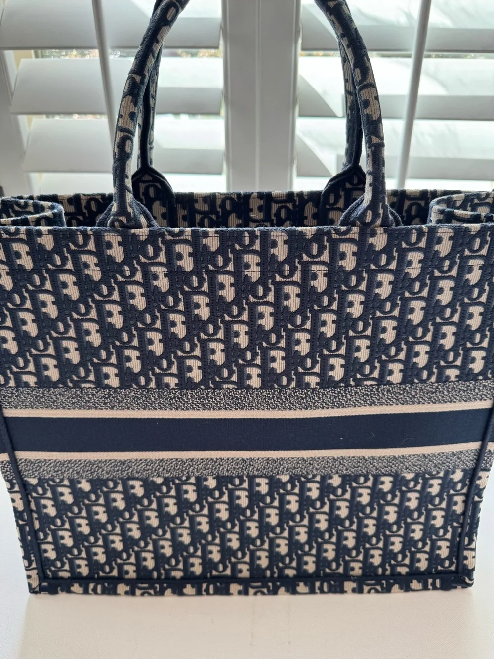 LUXE Large Book Tote Navy Blue Oblique Embroidered Canvas